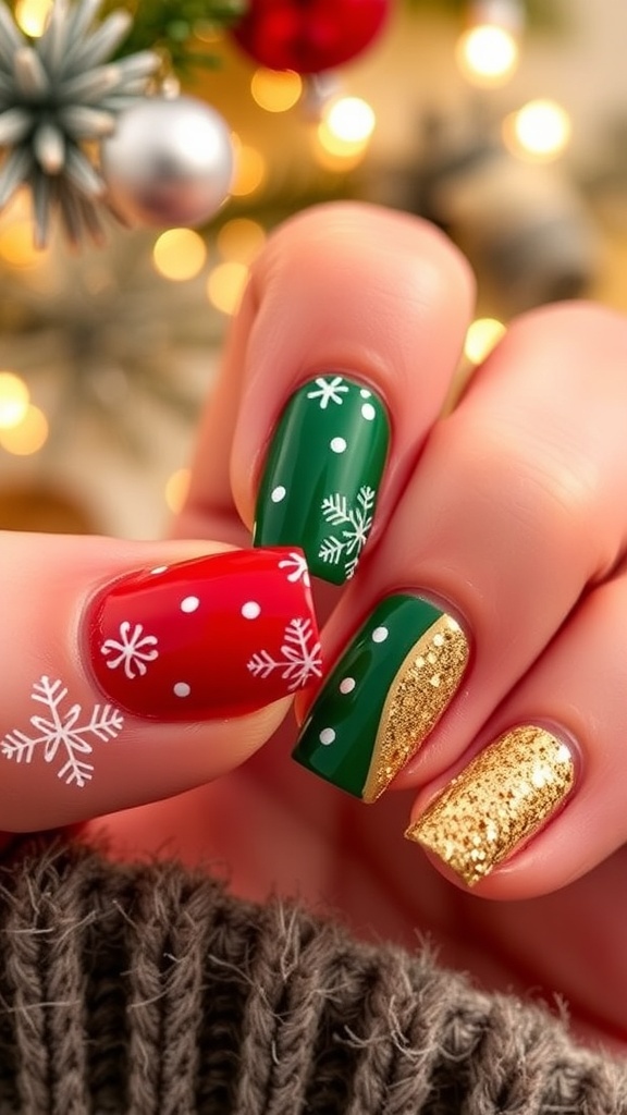 Close-up of short Christmas nails in red and green with snowflakes and glitter.